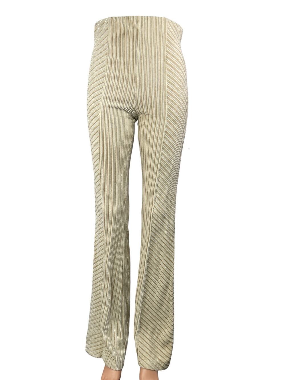 Free People Women's Beige Textured Velvet Slim High Rise Flare Trousers Pants S